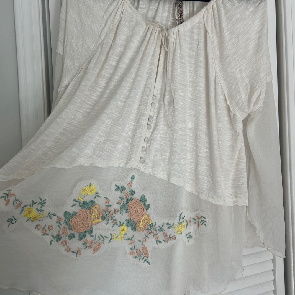 Vintage Free People Cream Layered Peasant Tunic with Floral Appliqué